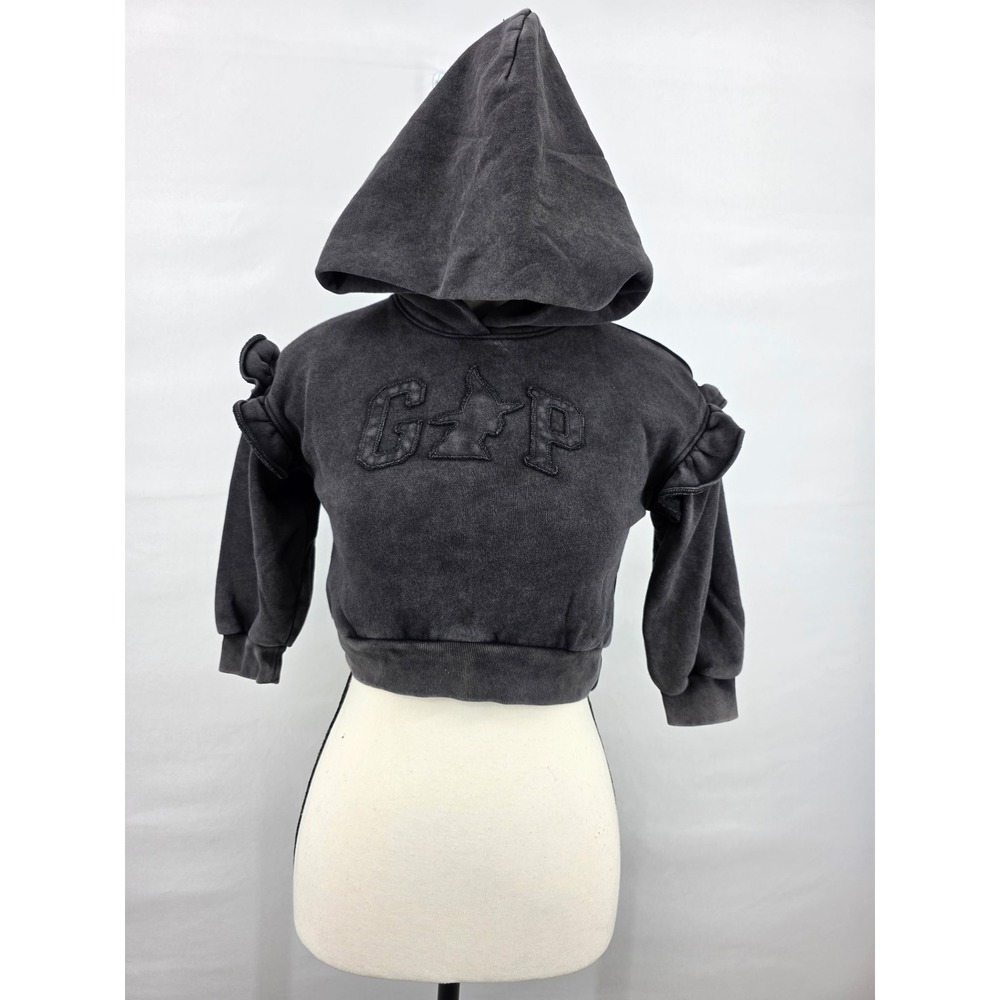 Gap x Wicked Kids Ruffle Shoulder Cropped Hoodie Washed Black Elphaba XS 4-5